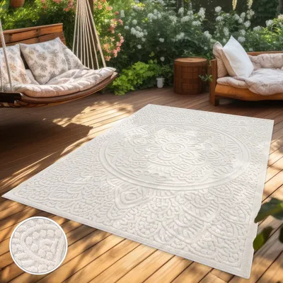 Produktbild von Outdoor Teppich Wetterfest Balkon Wohnzimmer Boho Orientalisch Florales Muster Creme Grösse 240x340 cm