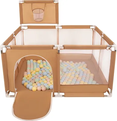 Produktbild von Selonis Laufstall Mit Korb Und 100 Bälle Laufgitter Für Kinder, Beige:Pastellbeige/Pastellblau/Pastellgelb/Minze