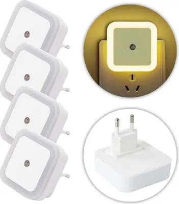 A collage of images showing white LED night lights, one plugged into a wall socket and illuminated, and another showing the plug detail.