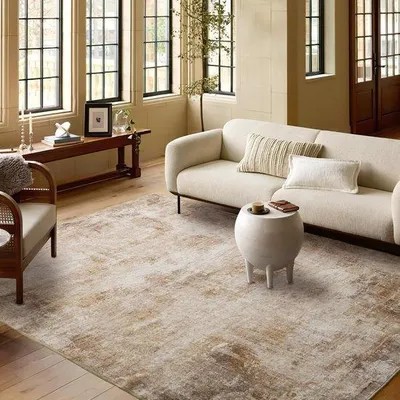 Produktbild von Unyqoos® Waschbarer Teppich 160 x 230 cm – Boho-Design mit karamellfarbenen Akzenten, 5 mm, rutschfeste Latexrückseite, für Wohn- & Schlafzimmer