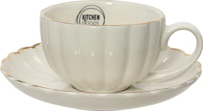 Produktbild von Tasse mit Untertasse Porzellan mit Griff 6cm gerillt Creme Weiß