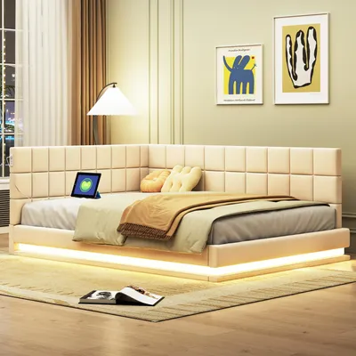 Produktbild von okwish Schlafsofa 140×200 mit LED Lichtleiste und USB, Polsterbett mit Lattenrost,Samtstoff, Kinderbett in Beige,ohne Matratze