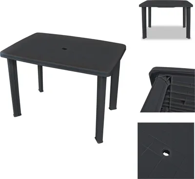 A dark gray plastic garden table is shown from multiple angles against a white background.