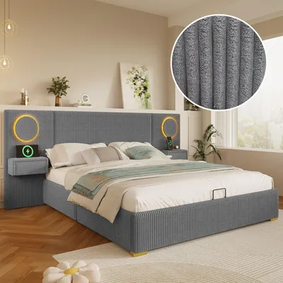 Produktbild von Merax Polsterbett 180x200 cm, Samt Bett mit LED Kopfteil, USB Anschlüssen, Hydraulischem Stauraum, Doppelbett mit Lattenrost, Flachbett, Grau
