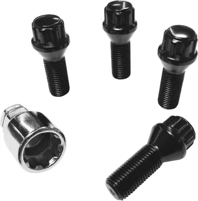 Zdjęcie produktu dla Zamek do felg M14x1,25x27 mm, stożkowy 60°, kompatybilny z Alpina, BMW, Mini, Rolls-Royce, Toyota, czarne zamki do felg