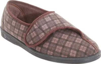 Produktbild von Comfylux Herren Paul Hausschuhe / Pantoffeln mit Klettverschluss, kariert DF815 (45 EU) (Dunkelbraun)