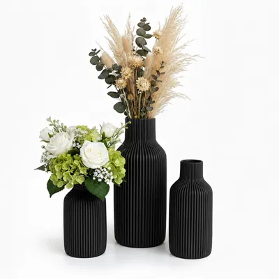 Produktbild von Relaxdays Vasen 3er Set, Blumenvasen, 3 versch. Größen, Frisch- & Trockenblumen, Dekovase Keramik, Tischdeko, schwarz