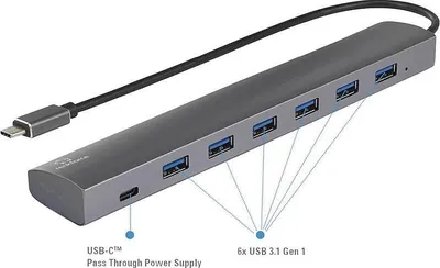 Produktbild von Renkforce RF-3374946 USB-Hub 6+1 Port USB-A USB 3.2 Gen1 5 GBit/s mit Pass-Through Stromanschluss, mit Aluminiumgehäuse