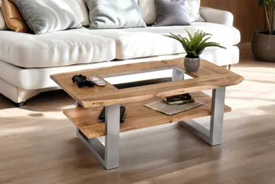 Produktbild von Couchtisch mit Glaseinsatz Baumkante massiv Akazie natur 115x65 cm silber PATRICK