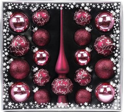 Weihnachtskugeln Mix Ornamente Glas mit Spitze, 19er Set, Farbe:Berry Kiss ( Beere glanz / matt )