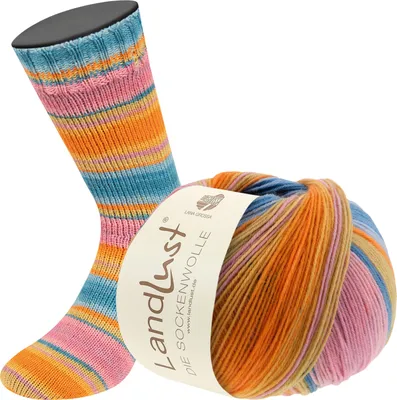 Produktbild von Lana Grossa - Landlust die Sockenwolle 0129 rosa altrosa erika grüngelb gelb orange mint seegrün gestreift