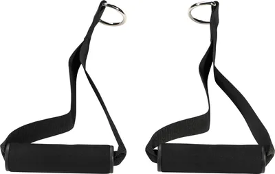 Two black exercise handles with metal rings are shown against a white background.