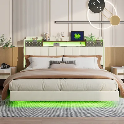 Produktbild von STILVORA Polsterbett 160x200 Jugendbett mit Stauraum-Kopfteil,Doppelbett Schwebebett mit USB-Ladeanschluss und LED-Beleuchtung,Beige (Ohne Matratze)