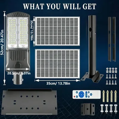 Obrázok produktu pre Solárne pouličné osvetlenie – LED reflektor – 50 000 lm – 2 solárne panely – senzor pohybu – senzor súmraku – IP65 – hliník