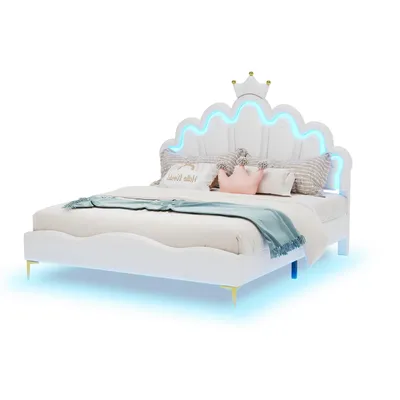 Produktbild von Prinzessinbett mit LED-Beleuchtung, 140x200 cm, höhenverstellbarer Kopfteil, Mädchenbett, Polsterbett für Mädchen, Doppelbett, Kunstleder
