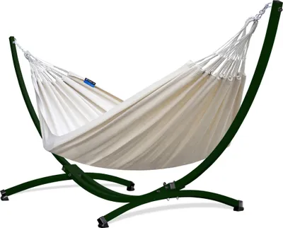 Produktbild von Potenza Outdoor Medelin Hängematte mit Gestell für 2 Personen I 100% Baumwolle Doppelhängematte 220x140, 160kg I Grün Hängemattengestell 220kg, wetterfest