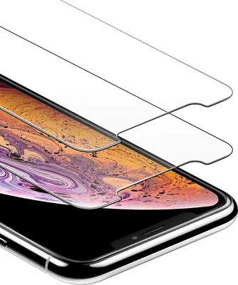 Two clear screen protectors are shown layered on top of a smartphone screen.