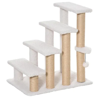 Produktbild von Haustiertreppe 4-stufig Kratzbaum Katzentreppe Hundetreppe Plüsch Jute Weiß 60x40x64cm