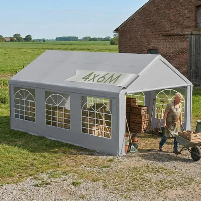 Productafbeelding van UISEBRT 4MX6M Grijs partytent, paviljoen met stalen buisframe, afneembare zijwanden met ramen, gereedschapsvrije montage, geschikt voor tuinfeesten en bruiloften