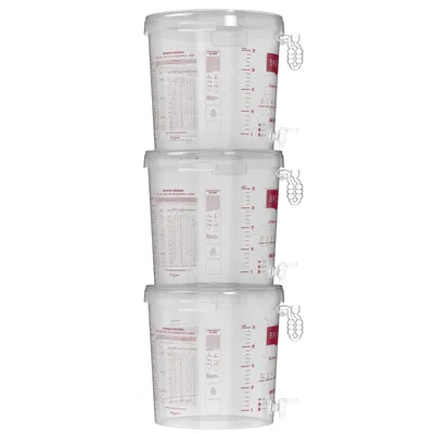 Three clear plastic fermentation buckets stacked on top of each other.