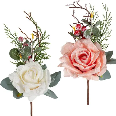 Produktbild von Rosenbouquet beschneit Kunstblumen Dekozweige Dekoblumen Ø 10x15 cm 2 Farben, 5_Farbe:Rosa