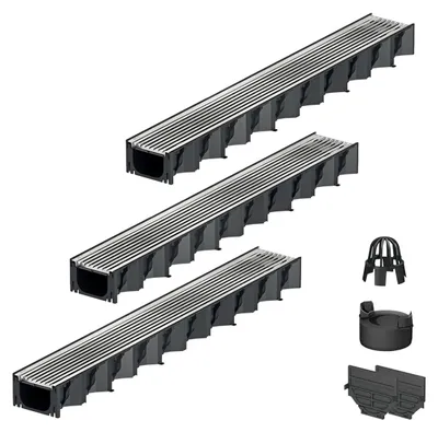 Produktbild von 3x1m ACO Hexaline 2.0 Entwässerungsrinne mit Edelstahl Längsstab Stegrost Ablauf vertikal Bodenrinne Terrassenrinne