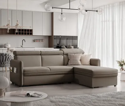 Produktbild von Idohome - Ecksofa BENI mit Schlaffunktion und Bettkasten 220x160 cm, Relaxfunktion und Kopfstützen - Farbe Graubeige Manila 03