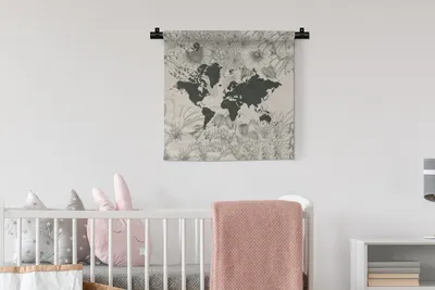 Produktbild von MuchoWow® Wandteppich Wandbehang Weltkarte - Grau - Blume 60x60 cm Tapisserie Dekoration Wandtuch - Dekorationen - Wand Decke