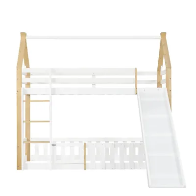 Produktbild von Flieks Etagenbett 90x200cm mit Rutsche, Kinderbett Hausbett mit Tür, Hochbett Einzelbett mit Rausfallschutz und Lattenrost, Stockbett Naturbelassen