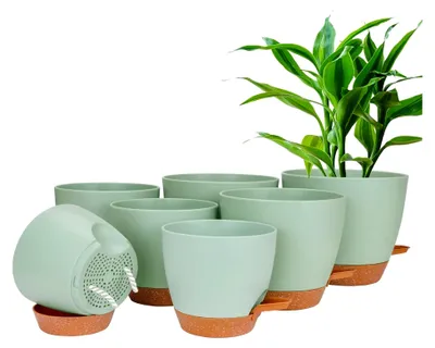 Produktbild von Blumentopfset, 7 Stück Kunststoff mit Bewässerungssystem 20,3/19/17,7/16,5/15,2/14/12,7 cm, Selbstbewässerungstopf mit Untersetzer, für Innen- und Außenbereich geeignet