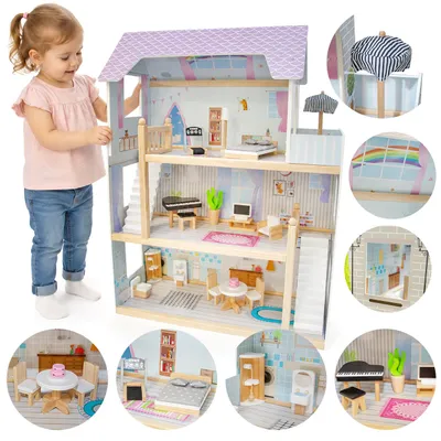 Image de Maison de poupée 4iQ Małgosia en bois, 3 étages, 4 pièces, avec meubles et accessoires, 84,5 cm