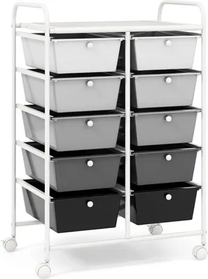 Produktbild von GOPLUS Rollwagen mit 10 Schubladen stapelbar, Rollcontainer mit Ablage & Metallgestell, Badregal, Aufbewahrungswagen, für Büro, Zuhause (Weiß, Grau, Schwarz)