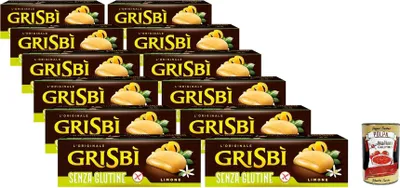 Produktbild von Grisbì Senza Glutine Limone - Glutenfreie Kekse aus Shortcruel -Gebäck, mit Zitronencreme gefüllt, ideal zum Frühstück, Snacks oder Snack, 12 Packungen, 1.800 g + Italian Gourmet polpa 400g
