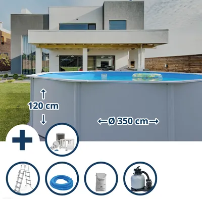 Produktbild von Stahlwandpool Set (5-teilig) hoch rund Classic 360 x 120 cm, Stahl 0,45 mm weiß Folie 0,3 mm blau