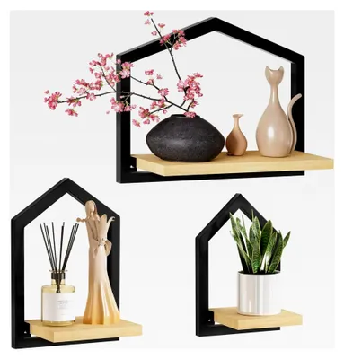 Produktbild von Set aus 3 Wandregalen aus Holz: Moderne Wanddekoration für Bilderrahmen und Dekorationen - Schweberegal für Wohnzimmer, Schlafzimmer, Badezimmer und Arbeitszimmer in Beige