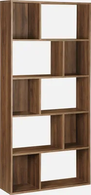 A tall, narrow, wooden bookshelf with multiple compartments against a white background.