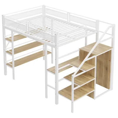 A white metal loft bed with wooden shelves and a desk, shown from a diagonal angle against a white background.