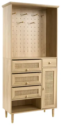 Produktbild von BELIANI Flurschrank Hellbraun Holzoptik 170 cm Hoch Schmal mit 6 Haken 4 Türen 7 Fächern Schuhschrank Schublade Rattanfronten Modernes Design