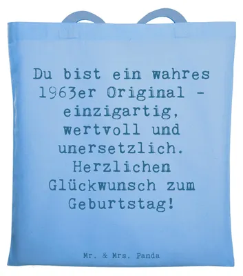 Produktbild von Mr. & Mrs. Panda Tote Bag Spruch 1963 Geburtstag - Sky Blue - Geschenk, Alter, Einkaufstasche, unersetzlich, Shopping Tasche, Jutebeutel, Happy Birthday, Schultasche