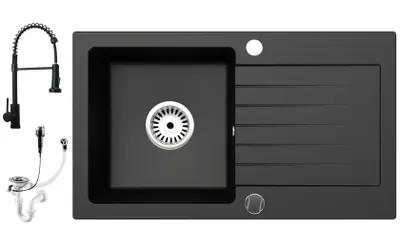 Produktbild von [Granitspüle 76x44 in verschiedenen Farben+ Armatur Spirale] Hochwertig beidseitig Montierbar Küchenspüle Eckig Einbaugranitspüle Granit Spülbecken f. Unterschränke ab 45 cm inkl.Siphon Set, Farben:Schwarz gesprenkelt