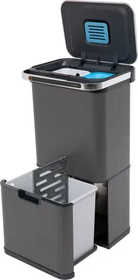 A gray sensor trash can with its lid open, revealing two compartments inside. A smaller gray bin is pulled out from the bottom.