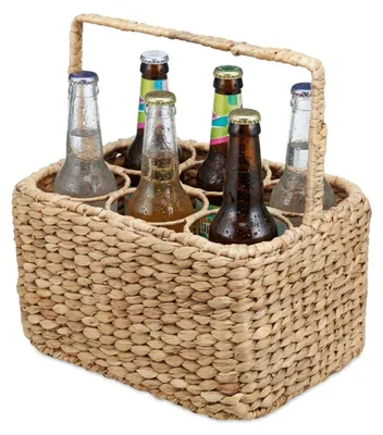 Produktbild von Relaxdays Flaschenkorb, 6 Flaschen, Wasserhyazinthe, geflochten, HxBxT: 34 x 32 x 22 cm, Getränkekorb mit Henkel, natur