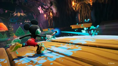Mickey Mouse is running on a wooden path, painting with a brush that emits blue paint.