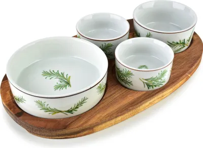 Produktbild von Servierbrett-Set Akazienholz/Porzellan Allesken Rozmaryn 28x16 cm Natur/Weiß 5-tlg (1 Brett + 4 Schalen)