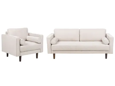 Produktbild von BELIANI Sofa Set 2-Teilig Hellbeige Stoffbezug 3-Sitzer & Sessel mit Holzbeinen Dekokissen Dicke Lose Sitz- & Rückenkissen Schmale Armlehnen Retro