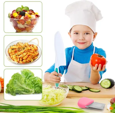 Produktbild von Kindermessen Set 6-teilig - Sichere Holz-Kindermesser zum Kochen und Schneiden von Gemüse und Obst mit Sparschäler und Schneidebrett