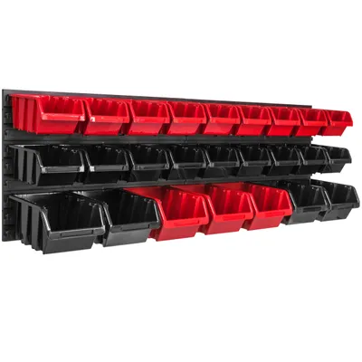 Image de Panneau à outils mural 115,2 x 39 cm avec 25 pcs. Boîtes suspendues rouges et noires Boîtes empilables