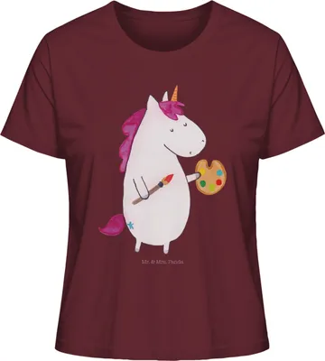 Produktbild von Mr. & Mrs. Panda Shirt Damen Einhorn Künstler Größe S - Burgundy - Geschenk, Oberteil, Welt, Basic T-Shirt, Englisch, Sommershirt, Zeichnen, Farbe, Unicorn