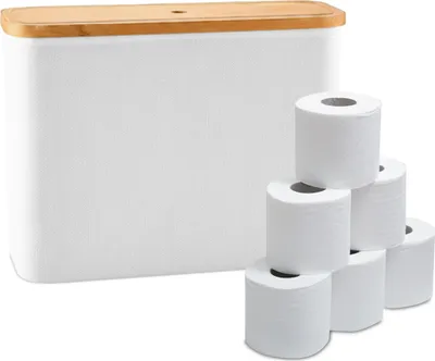 Produktbild von Relaxdays Toilettenpapier Aufbewahrung, 12 Rollen, HxBxT: 34,5 x 45 x 15 cm, Stoff, Bambus, Reserverollenhalter, weiß