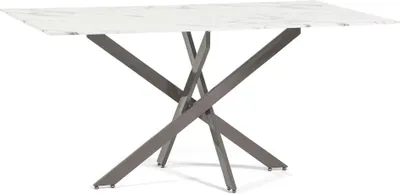 Produktbild von Rechteckiger Tisch mit gehärteter Glasplatte in Marmoroptik und gekreuztem Metallgestell – modernes, elegantes und stabiles Design für Küche, Esszimmer, Wohnzimmer und Büro – MORGAN – Weißer Marmor/Turteltaube